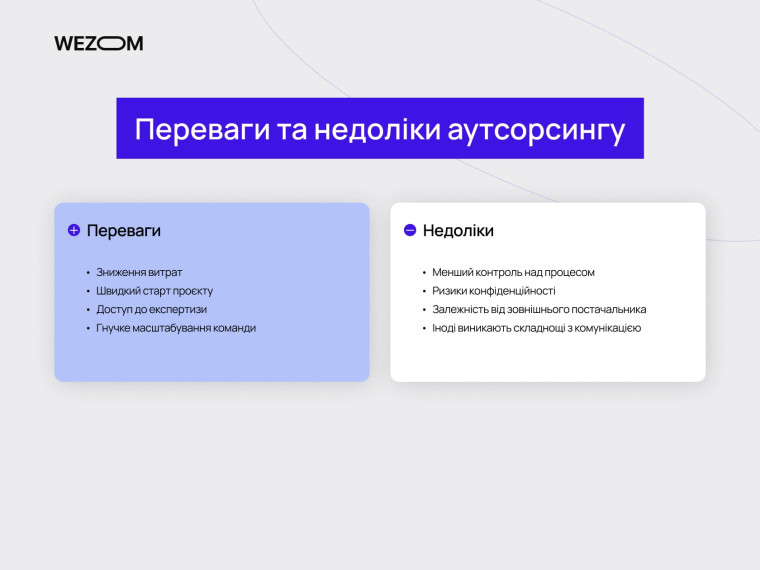 Переваги та недоліки аутсорсингу: зниження витрат, швидкий старт проекту, ризики конфіденційності, аутсорсинг і аутстафінг різниця