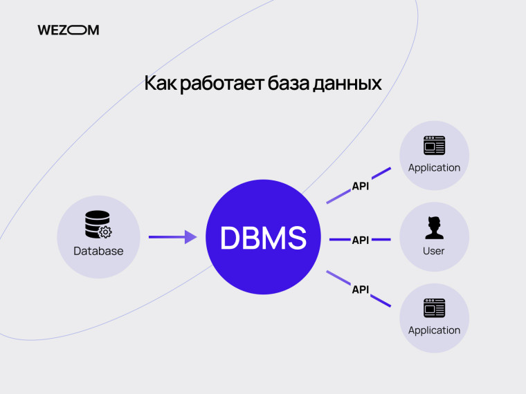 Как работает база данных: схема взаимодействия DBMS с пользователями и приложениями, объясняющая что такое база данных и как она функционирует
