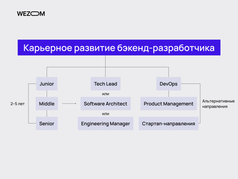 Карьерное развитие backend developer: Junior, Middle, Senior, Tech Lead, DevOps