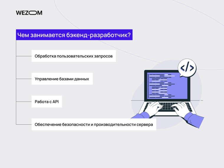 Основные обязанности бекенд-разработчика: обработка запросов, базы данных, API и безопасность сервера