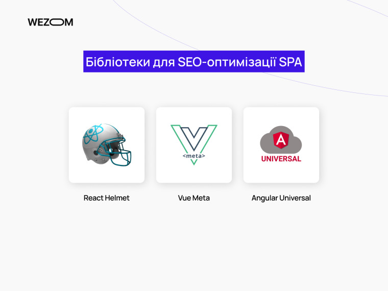 Бібліотеки для SEO-оптимізації SPA: React Helmet, Vue Meta, Angular Universal