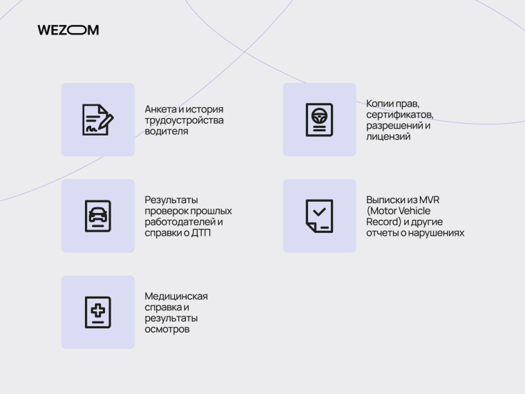 Анкета водителя, копии прав, медицинская справка и другие документы для driver qualification file, safety compliance