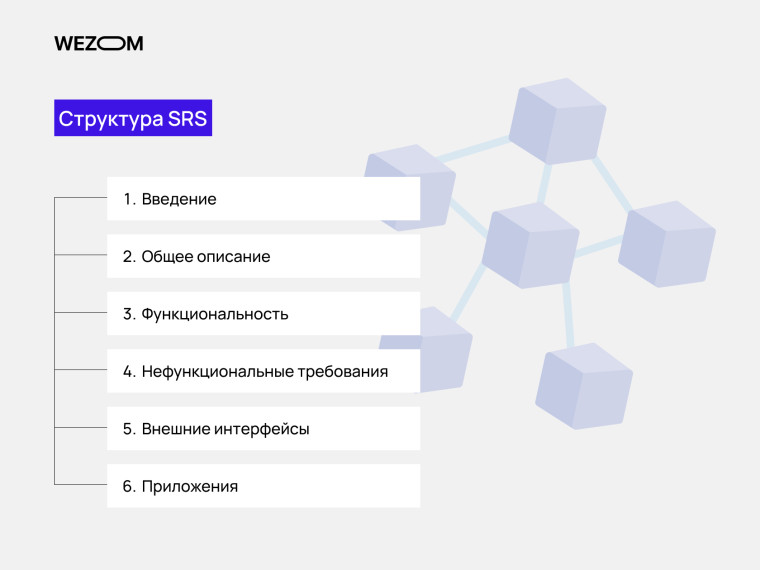 Структура SRS документа: вступление, общее описание, функциональные и нефункциональные требования, внешние интерфейсы, приложения, структура спецификации