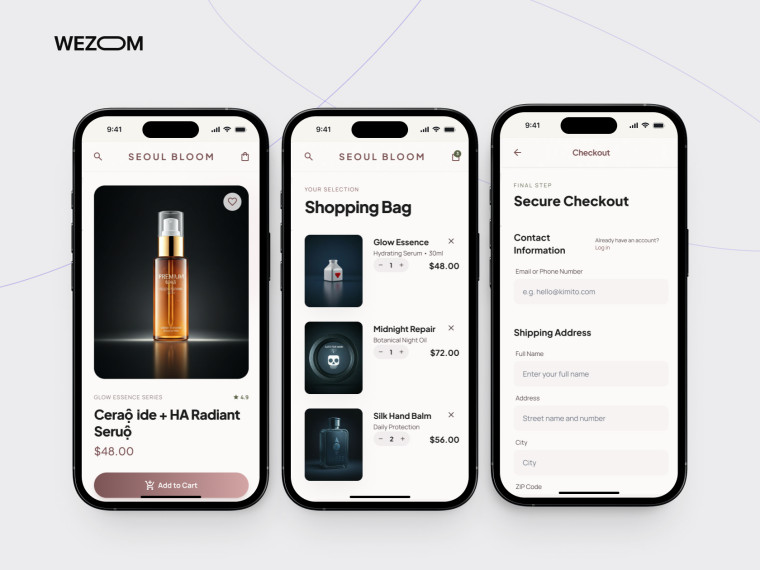 интерфейс мобильного приложения для бьюти салона с корзиной и оформлением заказа