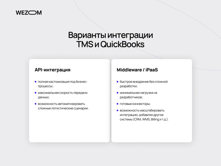 Варианты интеграции TMS и QuickBooks — API-интеграция и Middleware iPaaS для кастомизации бизнес-процессов и быстрого внедрения