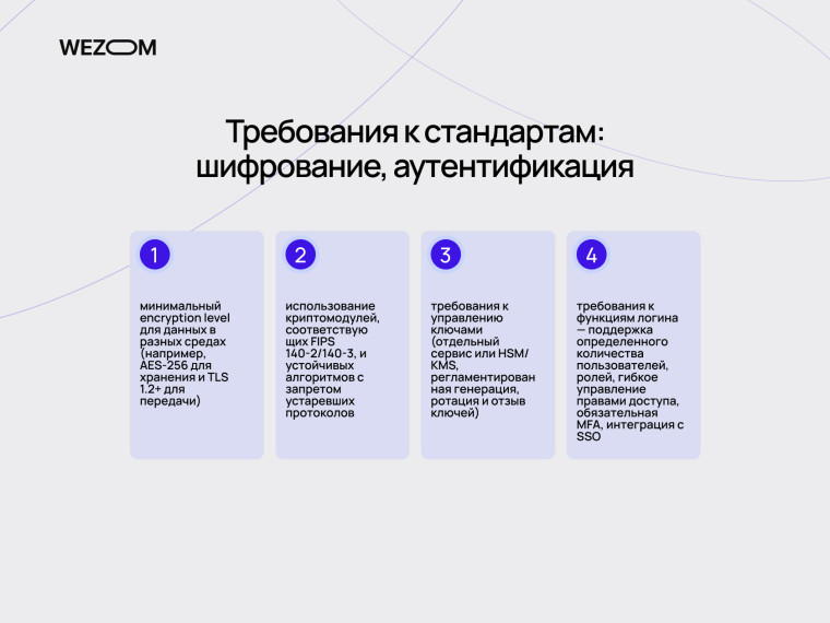 Требования к стандартам шифрования и аутентификации, уровень encryption level, управление ключами, защита информации