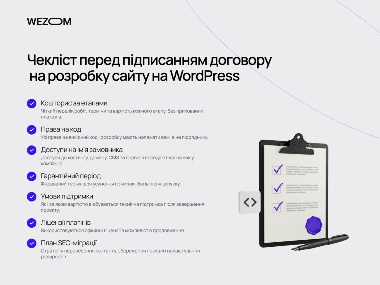 Чекліст перед замовленням сайту на WordPress: кошторис, права на код, гарантії, підтримка та SEO-міграція