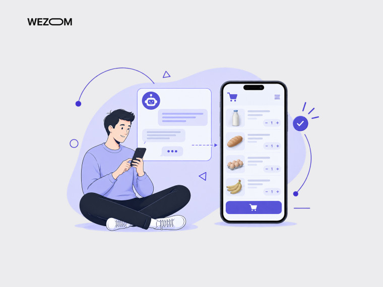 Користувач робить покупки через мобільний застосунок із AI-асистентом та онлайн-кошиком